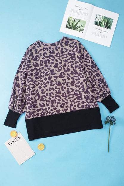 Elegant Black Leopard Print Bishop Sleeve Slit Top