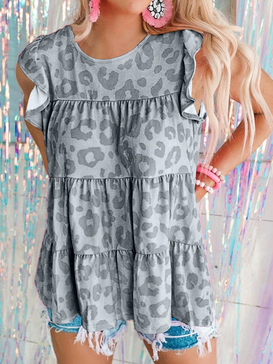 Gray Leopard Pattern Ruffle Sleeve Tiered Tank Top