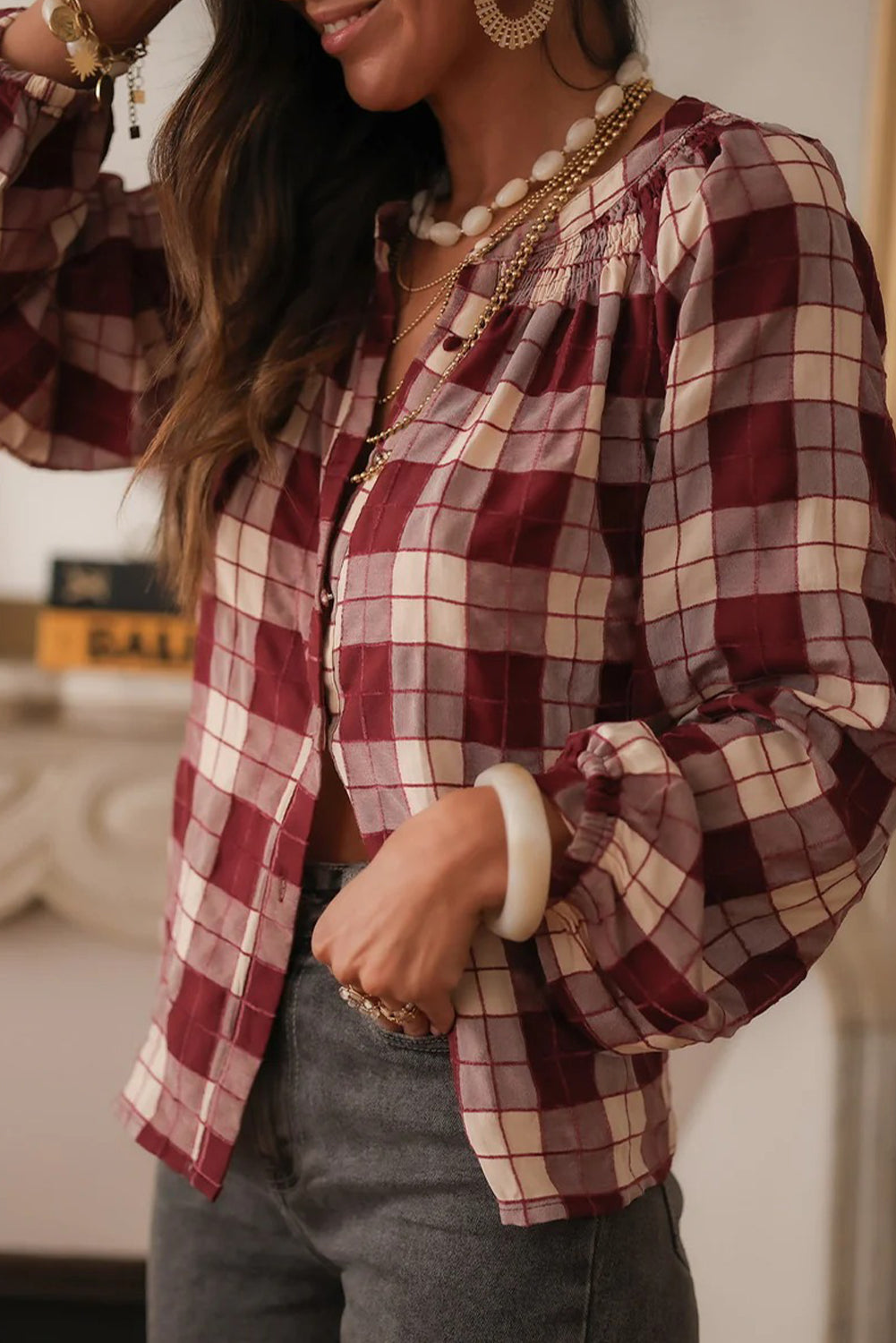 Wild Ginger Plaid Print Shirred Detail Round Neck Long Puff Sleeve Shirt