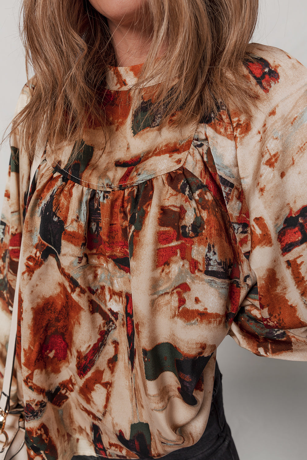 Multicolour Retro Abstract Print Zip Back Long Puff Sleeve Blouse