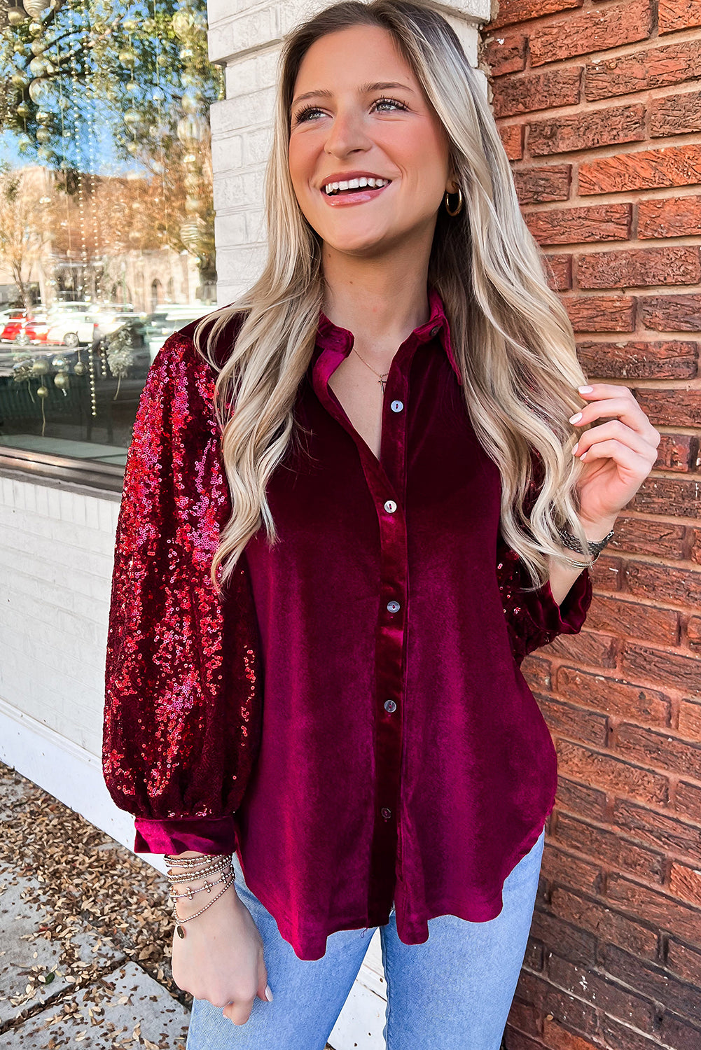 Red Dahlia Sequin Bubble Sleeve Patchwork Velvet Shirt