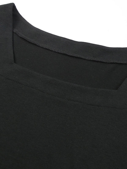 Black Plus Size Square Neck Ruched Shoulder Short Sleeve Top