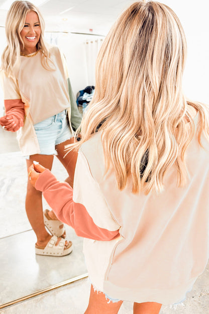 Beige Color Block Patchwork Split Hem Casual Sweatshirt