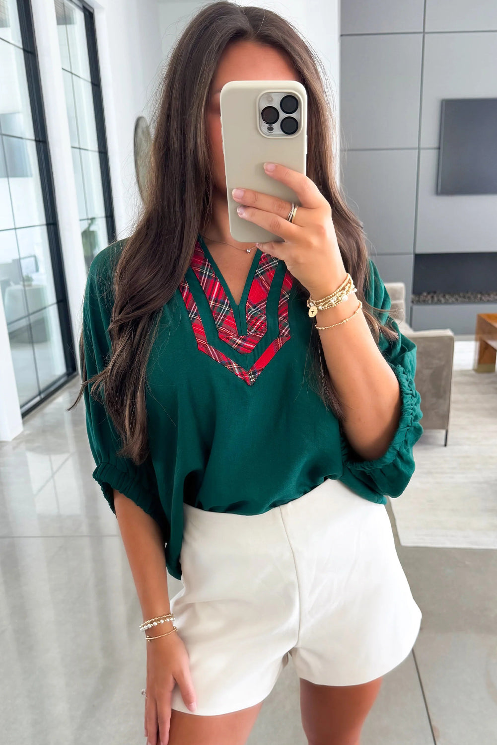 Evergreen Contrast Plaid Patchwork V Neck Half Sleeve Blouse