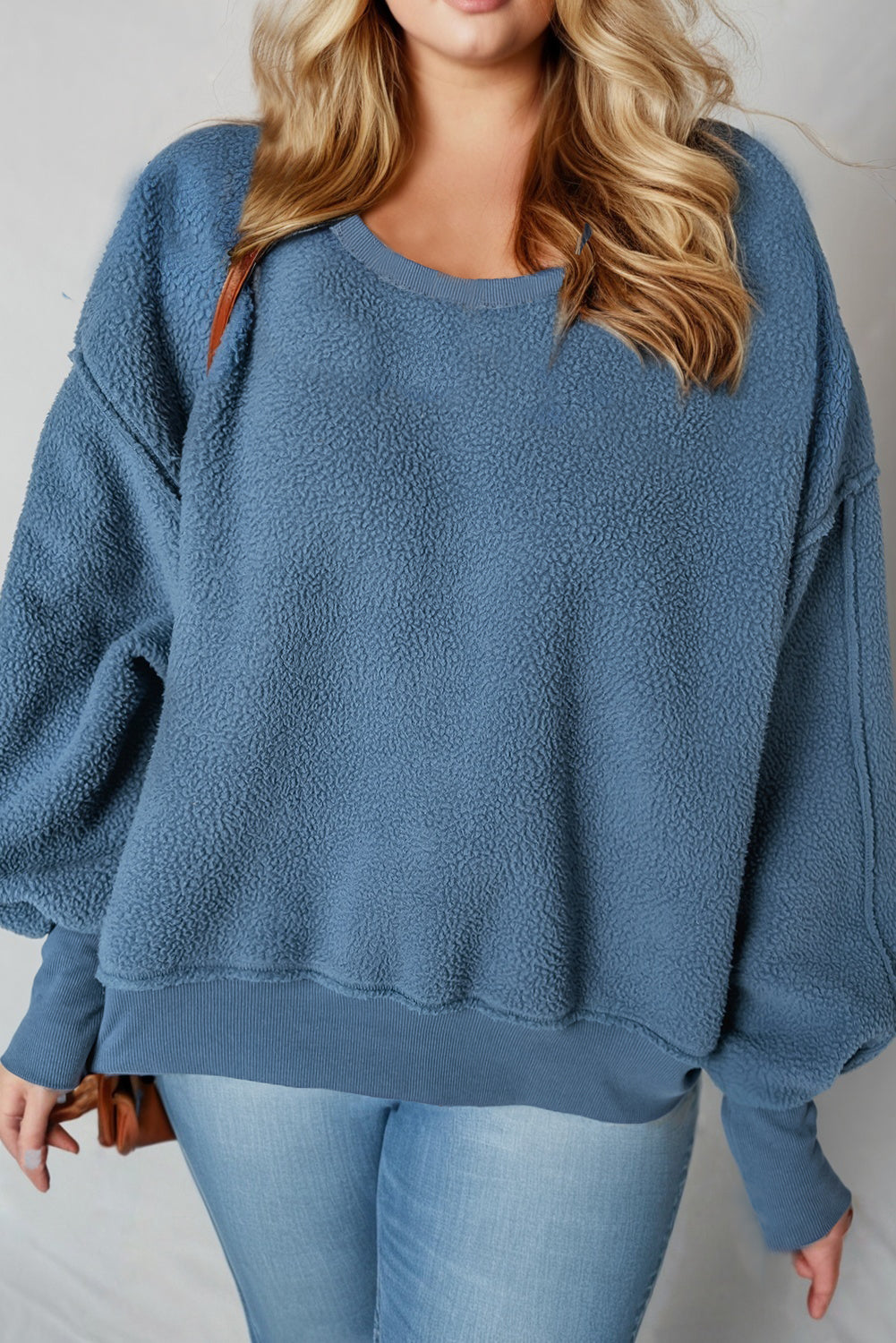 Sail Blue Plus Size Sherpa Seam Detail Drop Shoulder Loose Sweatshirt