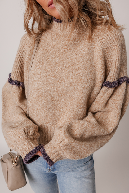Smoke Gray Ribbed Texture Mixed Contrast Trim High Neck Drop Shoulder Sweater