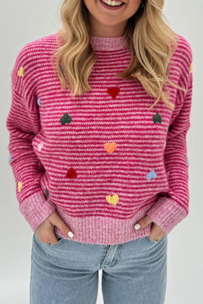 Rose Stripe Colorful Heart Detail Casual Sweater