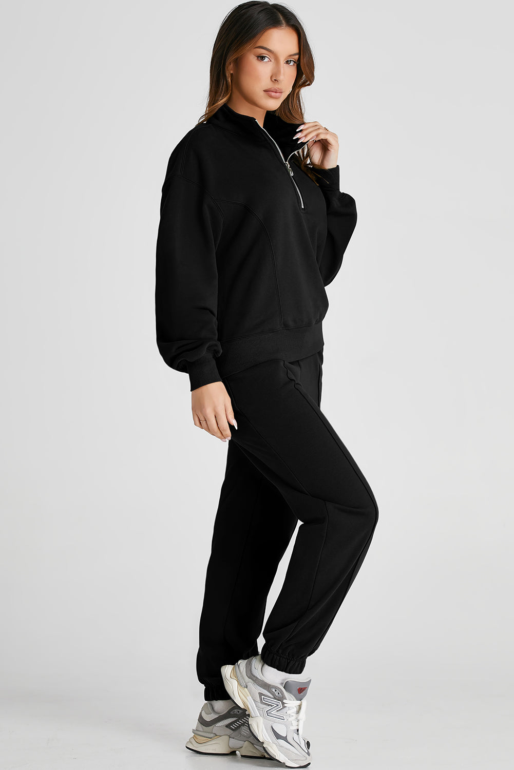 Black Half Zip up Pullover Active Top and Joggers Set