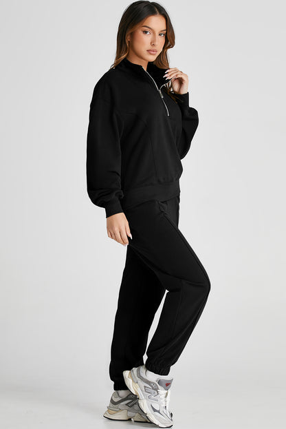 Black Half Zip up Pullover Active Top and Joggers Set