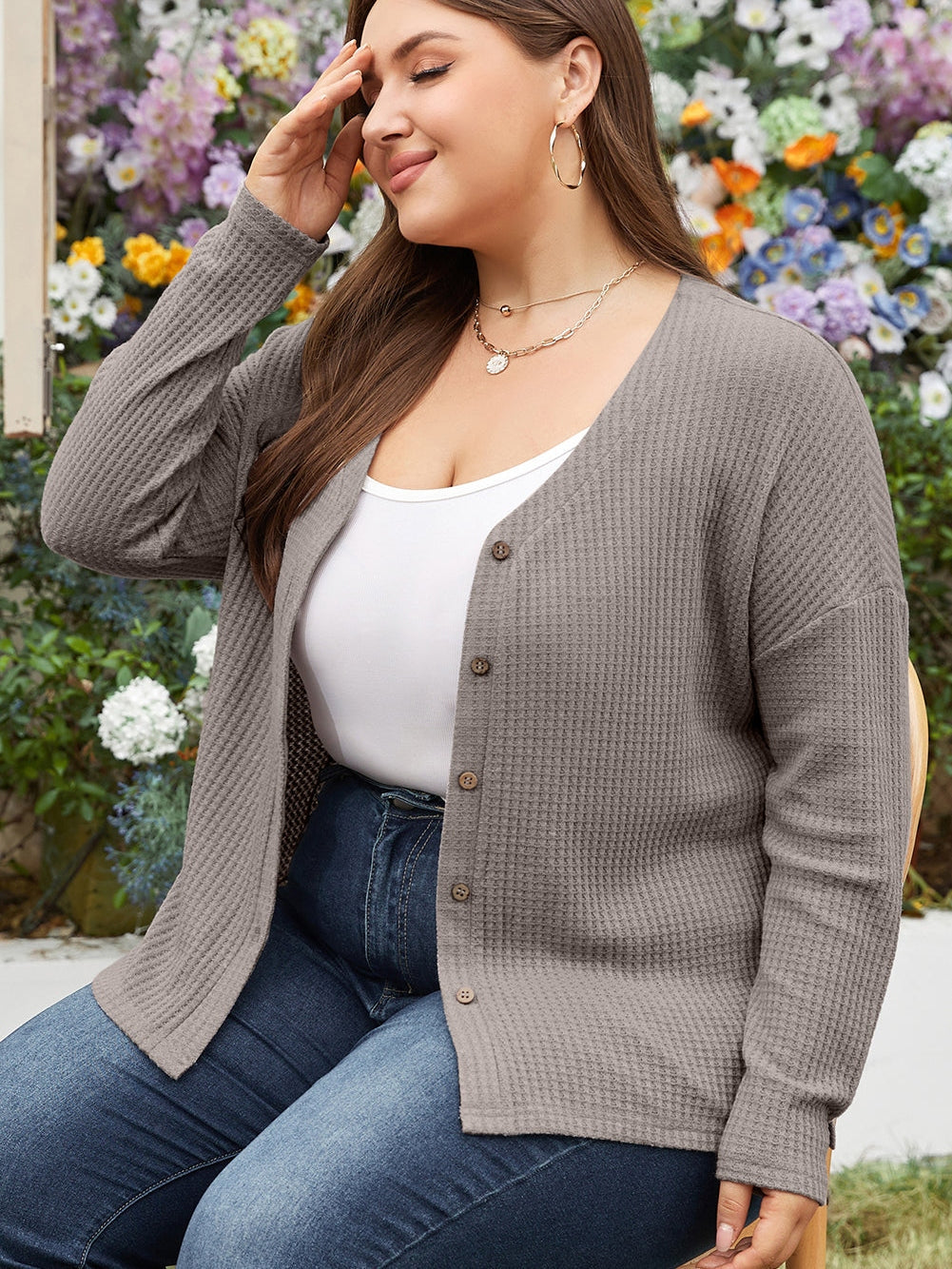 Simply Taupe Waffle Knit Drop Shoulder Button V Neck Plus Size Top