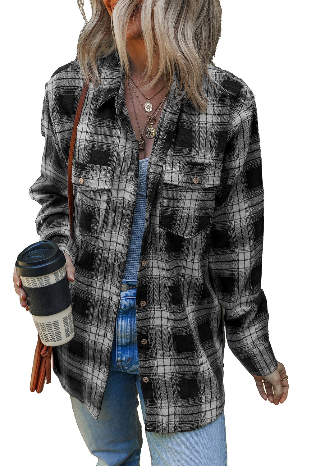 White Retro Plaid Double Flap Pocket Brushed Shacket