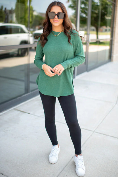 Sea Green Solid Color Thermal Knit Exposed Seam Raglan Sleeve Top