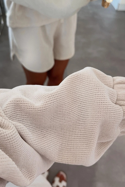 Jet Stream Solid Color Textured Knit Drop Shoulder Pullover Drawstring Shorts Set