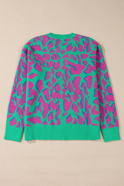 Green Abstract Print Ribbed Trim Baggy Sweater