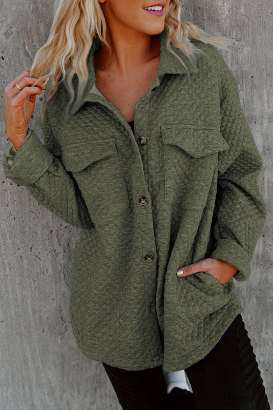 Green Vintage Quilted Flap Pocket Button Shirt Jacket