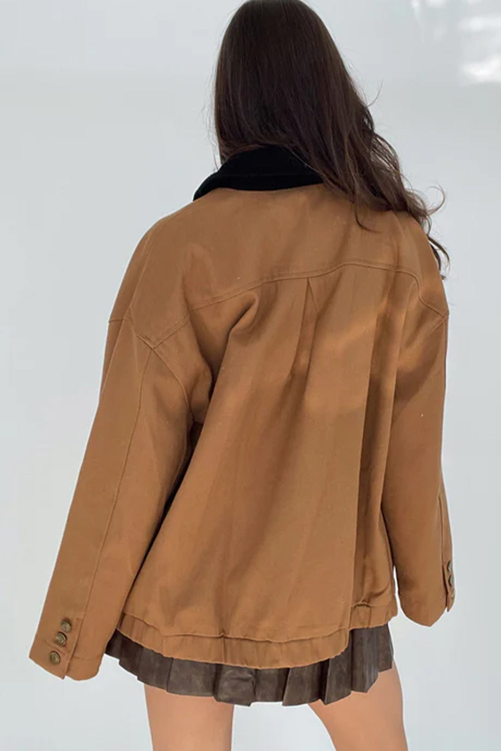 Light French Beige Button Cuff Detail Contrast Collar Patchwork Jacket