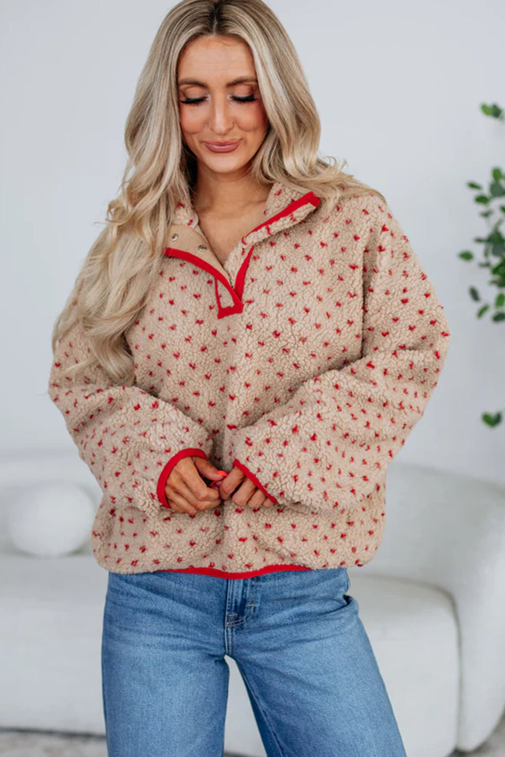 Khaki Snap Button Contrast Trim Neck Dotty Allover Sherpa Pullover Sweatshirt