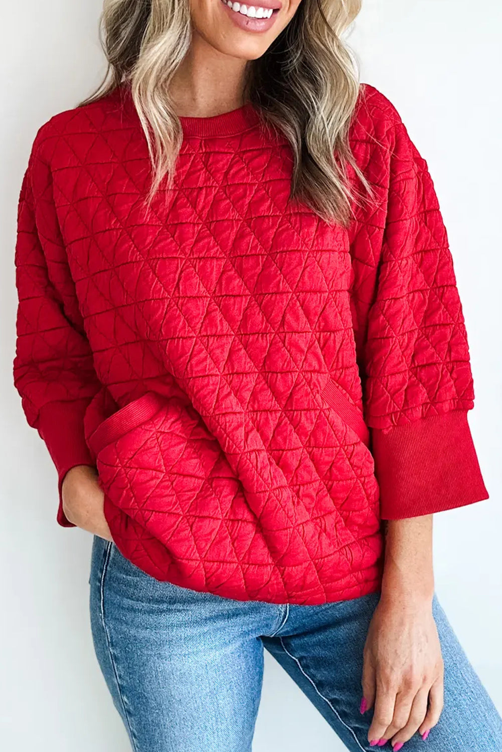 Fiery Red Quilted Texture Loose 3/4 Sleeve Top