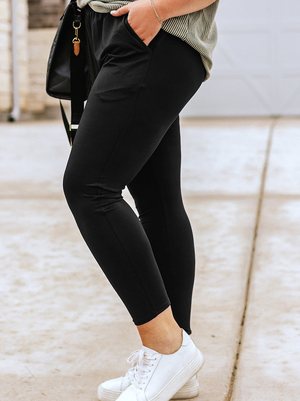 Elegant Black Plus Size High Waist Frilled Soft Pants with Pockets