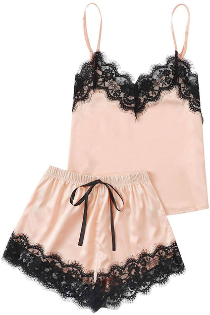 Apricot Satin Lace Sleepwear Cami Top with Matching Shorts - Elegant Pajama Set