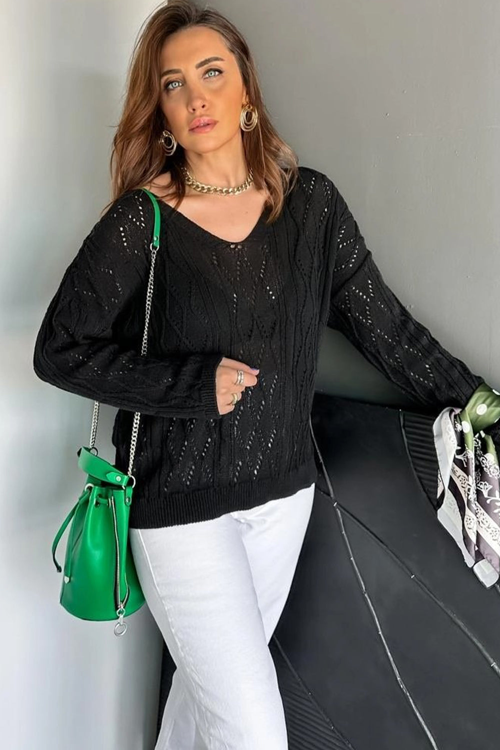 Black Geometric Textured Crisscross Lace up Knit V Neck Sweater