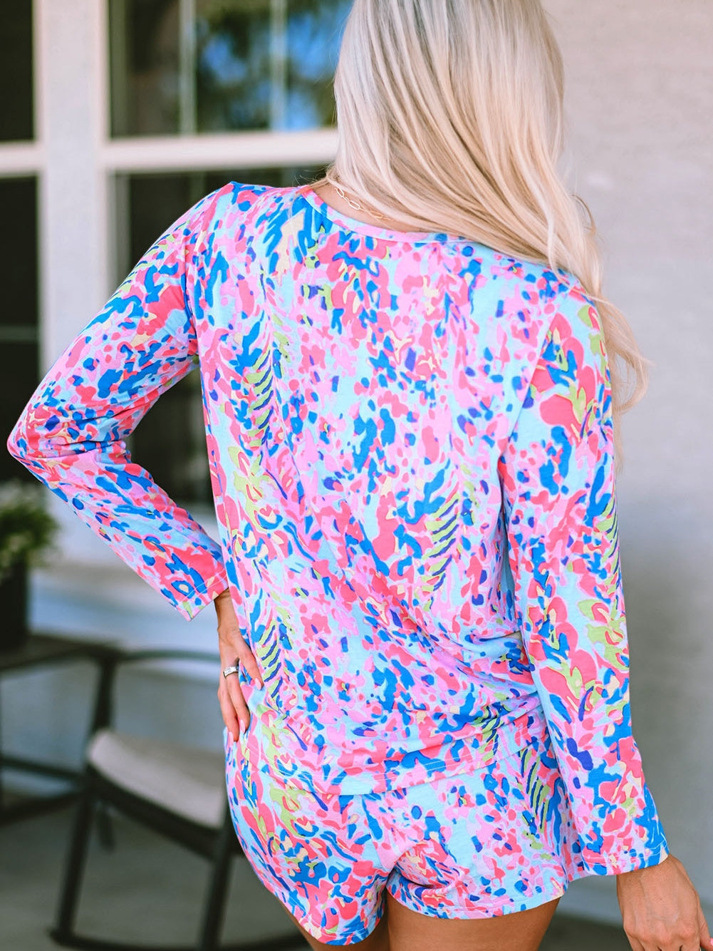 Floral Sky Blue Lounge Set with Coordinating Drawstring Shorts