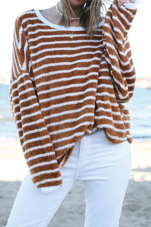 Brown Stripe Plush Drop Shoulder Round Neck Baggy Sweatshirt
