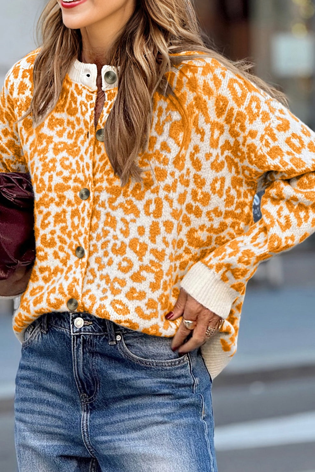 Orange Leopard Drop Shoulder Chunky Knitted Cardigan Sweater