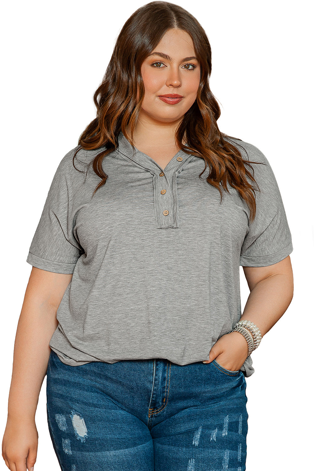 Chic Gray V Neck Batwing Sleeve Plus Size Top