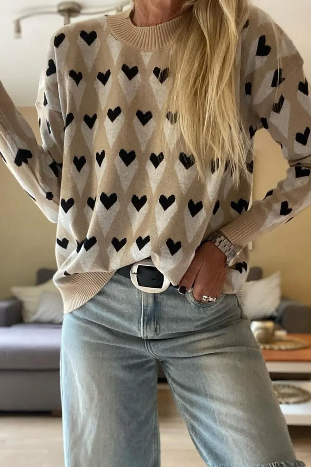 Parchment Geometric Heart Print Ribbed Trim Loose Sweater