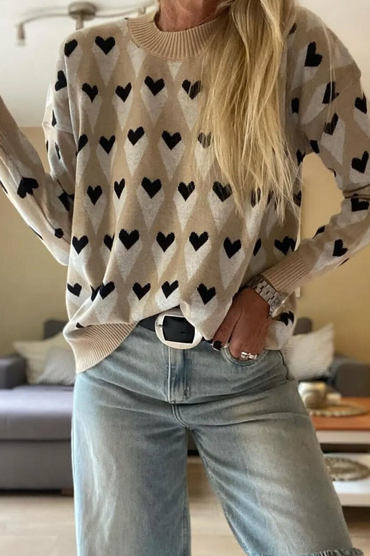 Parchment Geometric Heart Print Ribbed Trim Loose Sweater