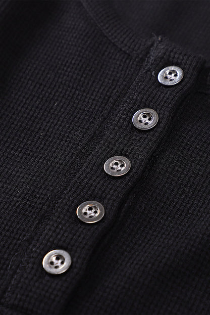 Elegant Black Waffle Knit Henley Top with Button Front
