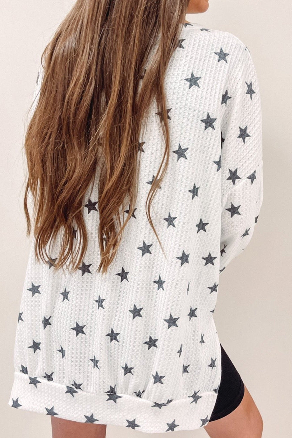 White Star Print Waffle Loose Pullover Top