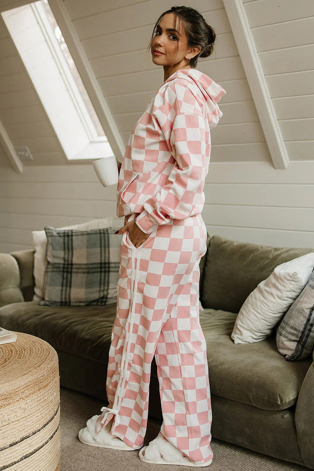 Pink Checkered Print Hoodie Side Stripe Bow Knot Pants 2pcs Set