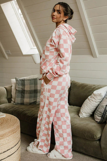 Pink Checkered Print Hoodie Side Stripe Bow Knot Pants 2pcs Set