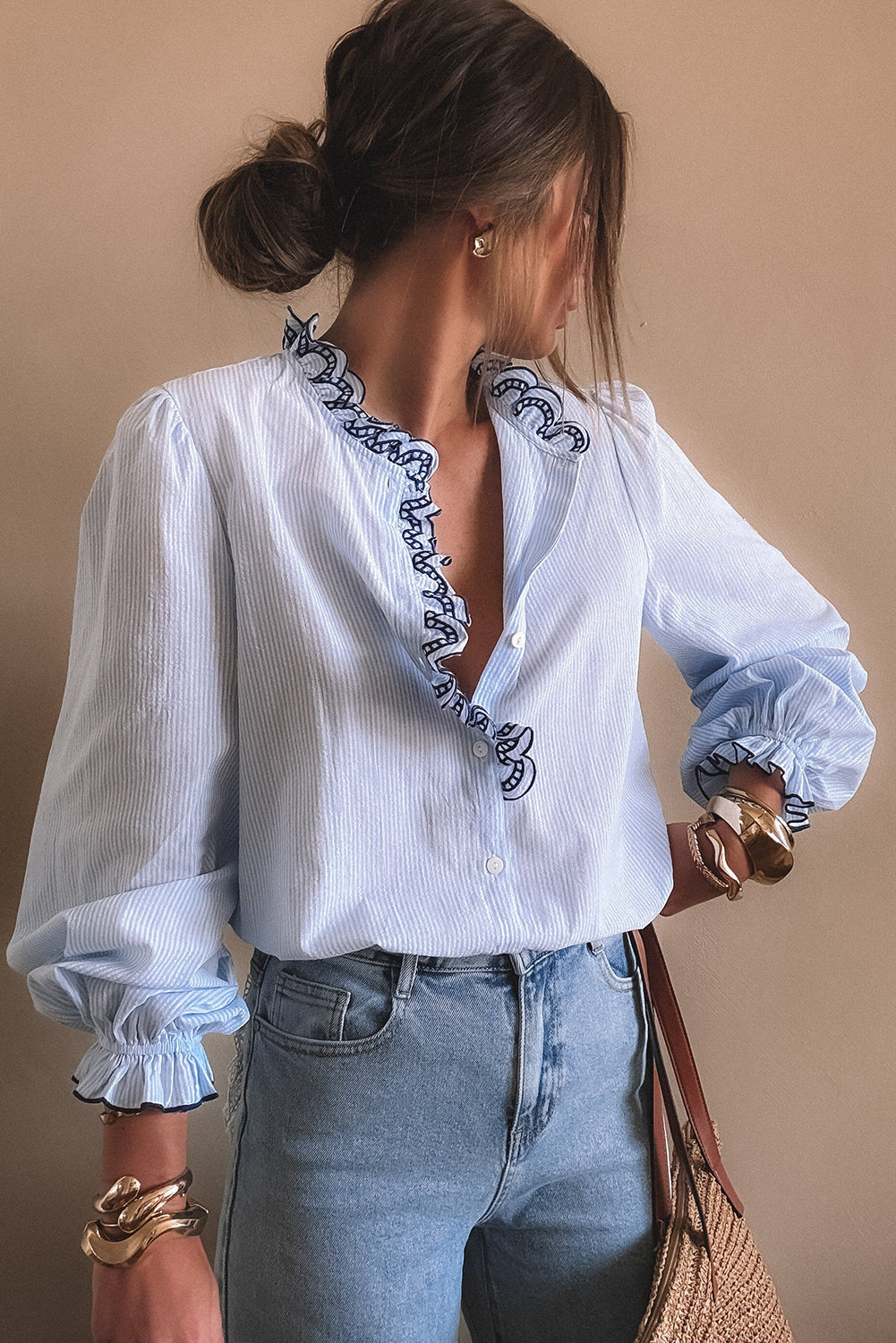 Beau Blue Striped Print Embroidered Ruffle Trim Long Puff Sleeve Shirt