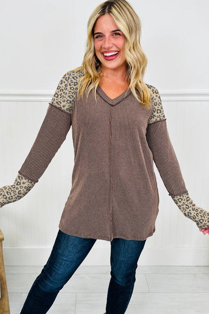 DUNE Twisted Ribbed Color Block Leopard Patchwork Long Sleeve Top