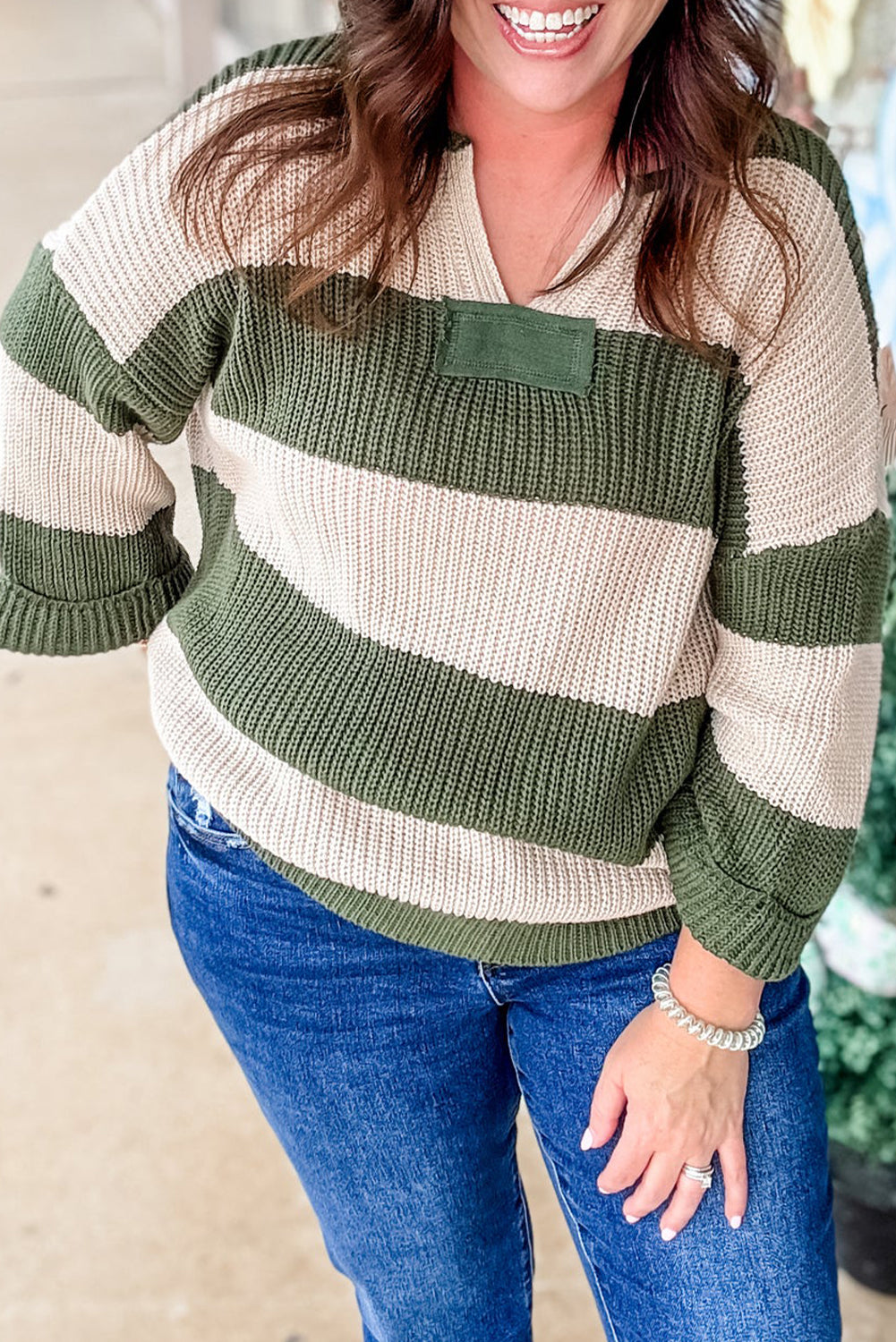 Green Stripe Plus Size Notched Neck Drop Shoulder Baggy Sweater