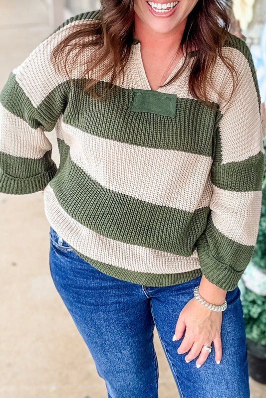 Green Stripe Plus Size Notched Neck Drop Shoulder Baggy Sweater