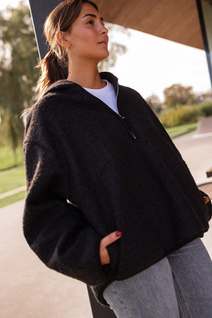 Black Woolen Blend Uneven Hem Half Zipped Pullover Baggy Hoodie