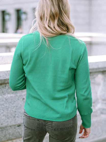 Green Button-Up Waffle Knit Henley Top