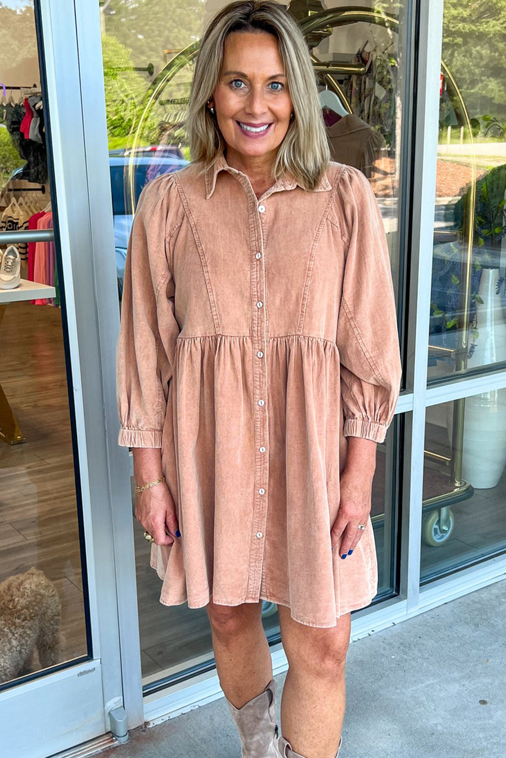 Smoke Gray Elastic Cuffs 3/4 Sleeve Button Down Casual Mini Dress