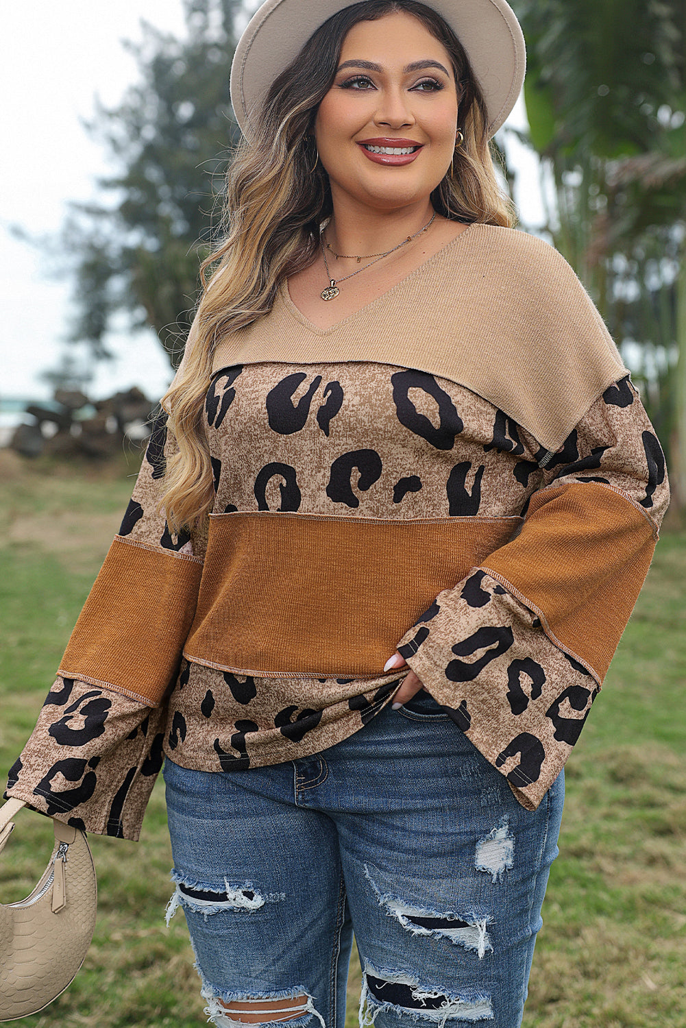 Leopard Print Block Sleeve Top in Light Beige French Palette