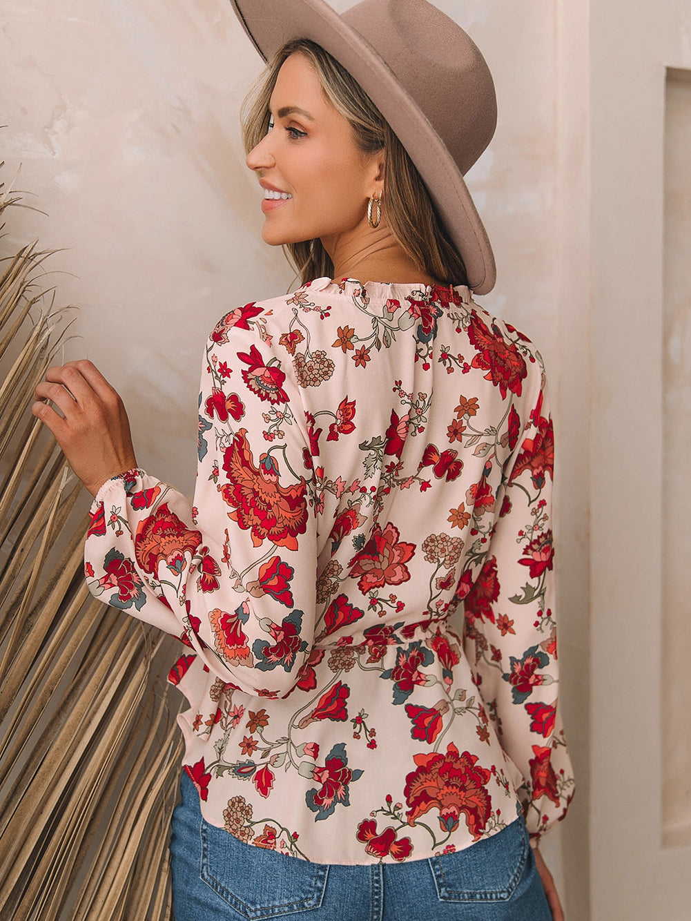Floral Peplum V Neck Drawstring Blouse with Puff Sleeves