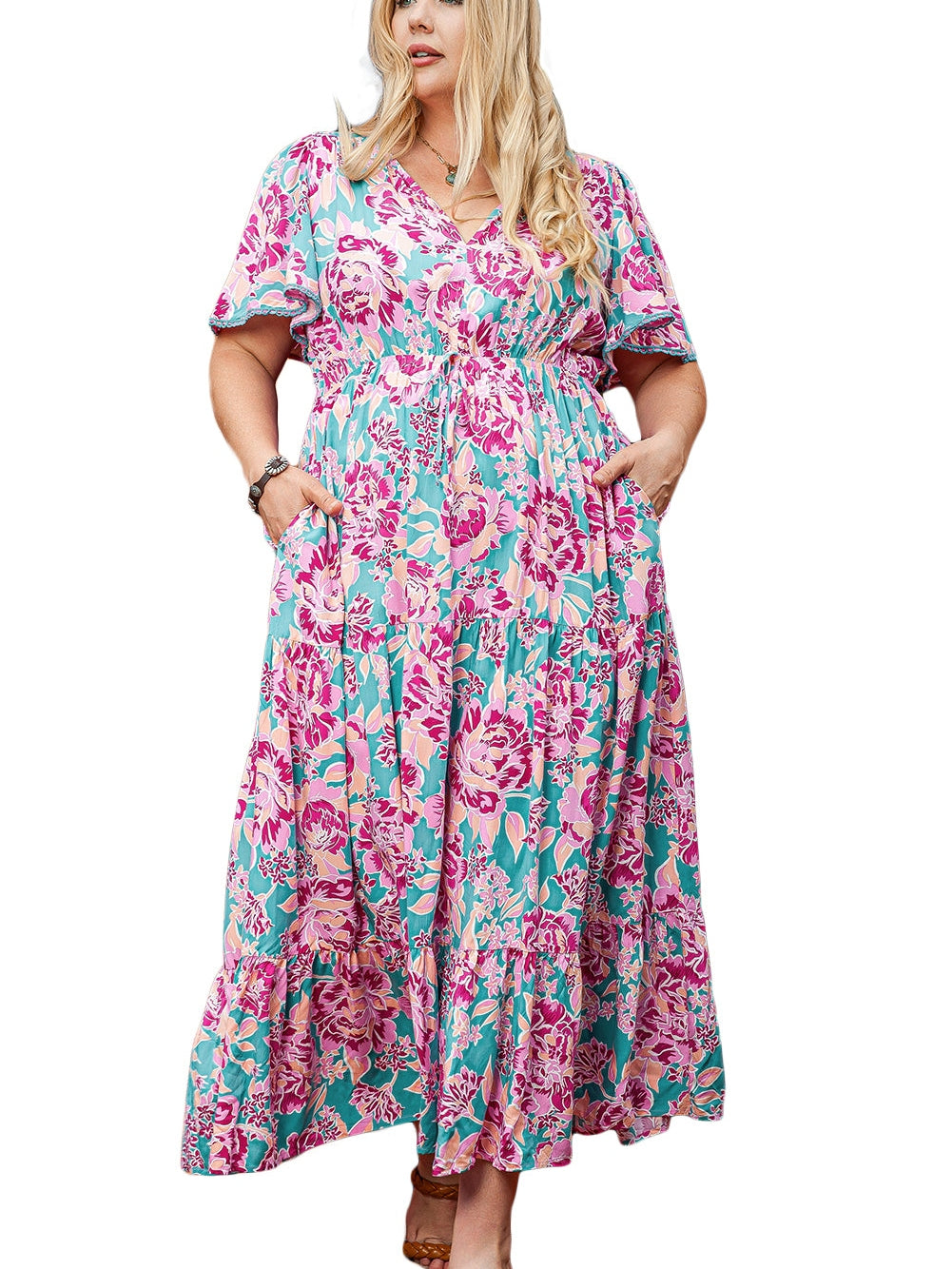 Elegant Purple Floral V Neck A-Line Maxi Dress with Ruffle Detail