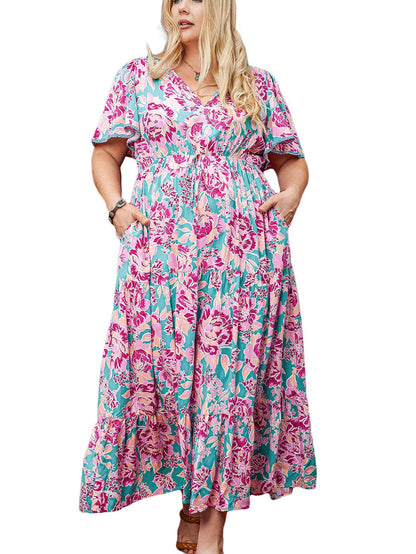 Elegant Purple Floral V Neck A-Line Maxi Dress with Ruffle Detail