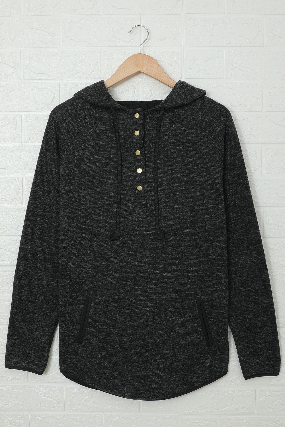 Heathered Black Button Snap Neck Pullover Hoodie with Pocket