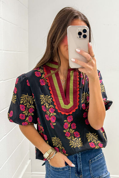 Black Floral Short Bubble Sleeve Contrast Slit Neckline Blouse
