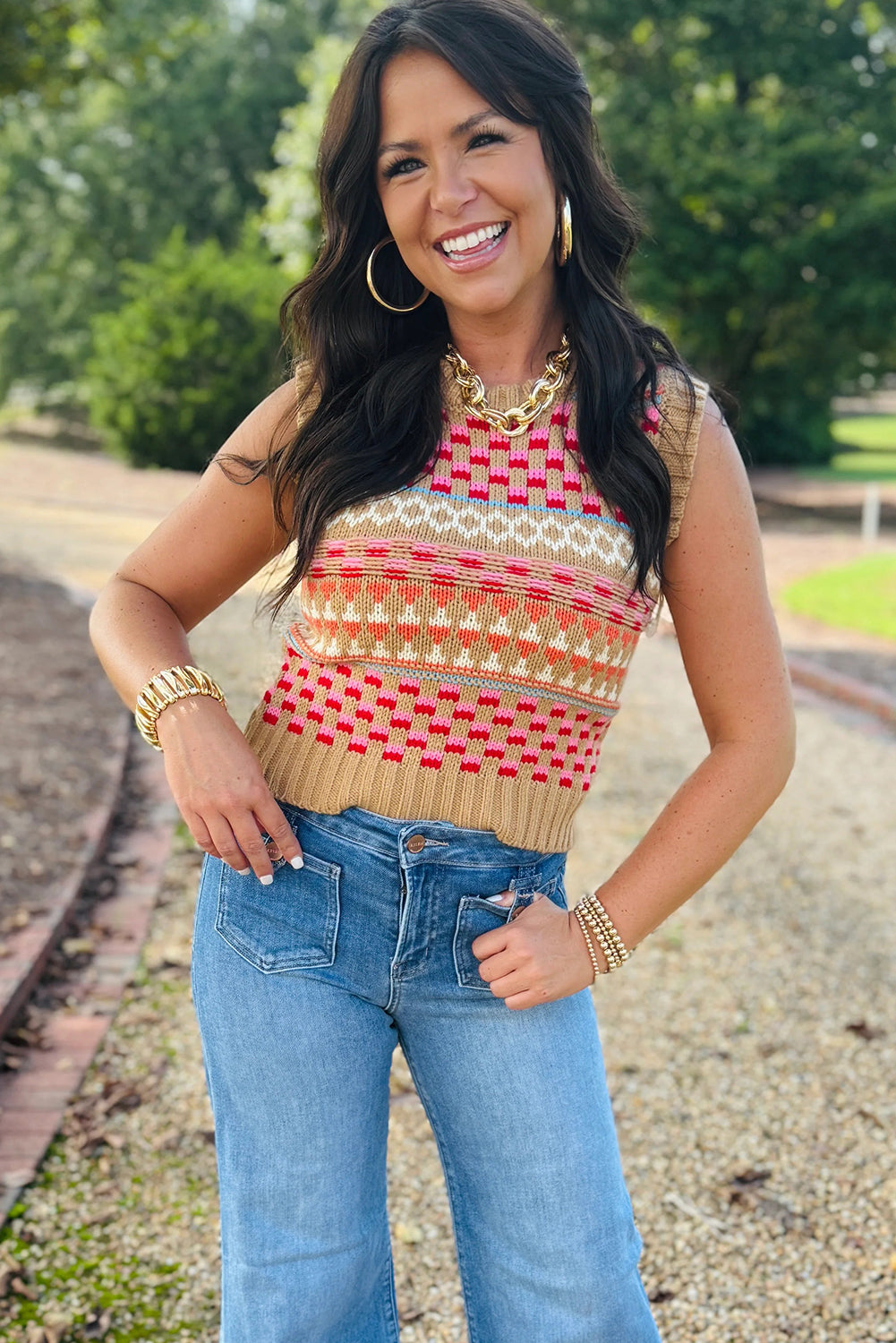 Khaki Playful Geometry Knit Slim Sweater Tank Top