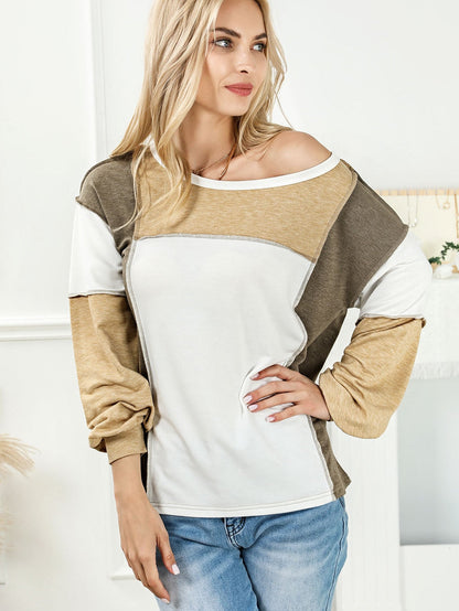 Khaki Patchwork Color Block Knit Top